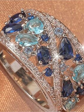 Elegant Blue & Aqua Crystal Wide Band Ring - Unbranded